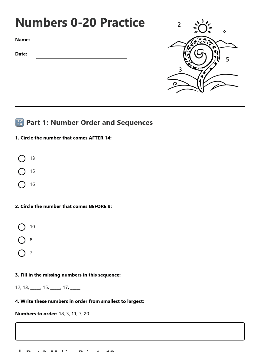 Numbers 0-20 Practice worksheet preview