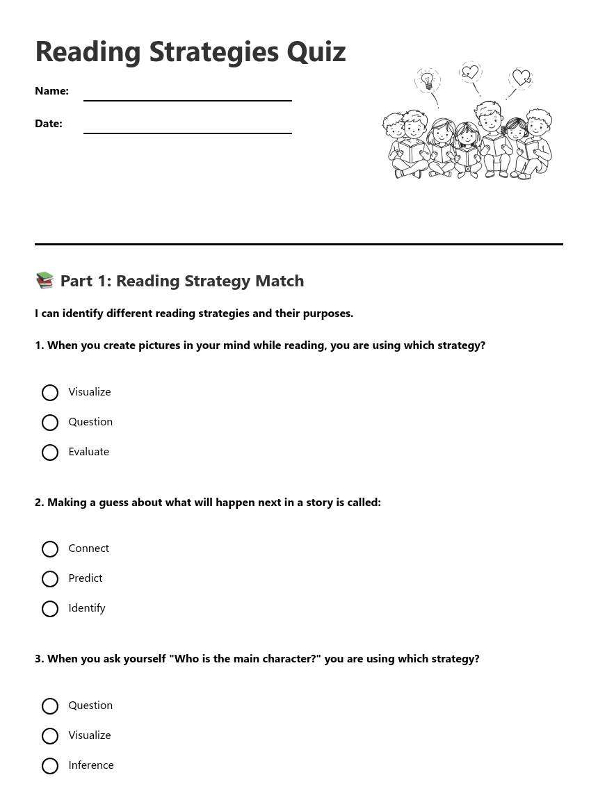 Reading Strategies Quiz worksheet preview
