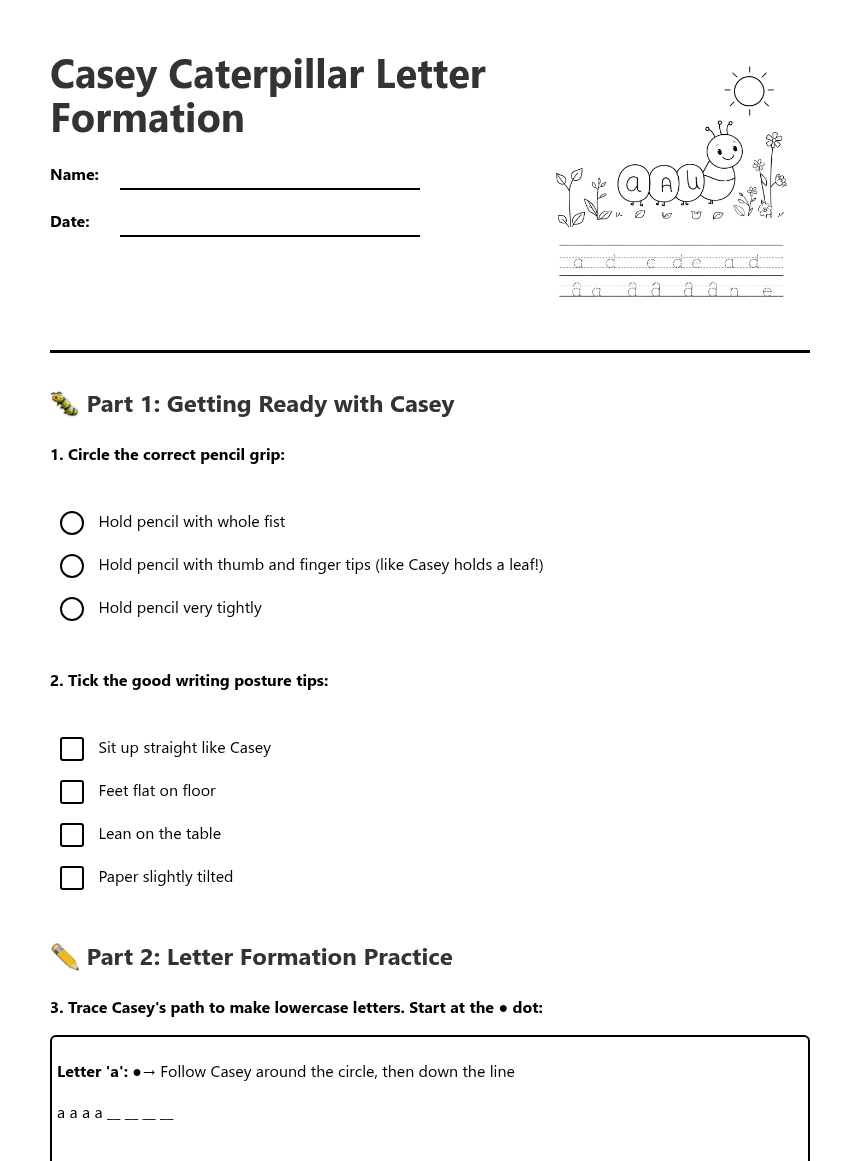 Casey Caterpillar Letter Formation worksheet preview