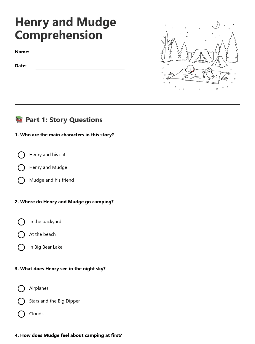 Henry and Mudge Comprehension worksheet preview