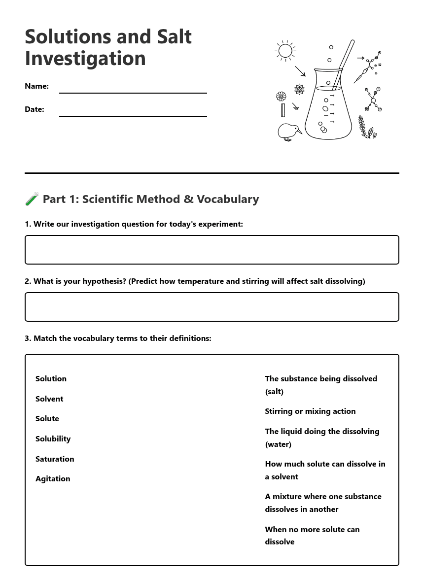 Solutions and Salt Investigation worksheet preview