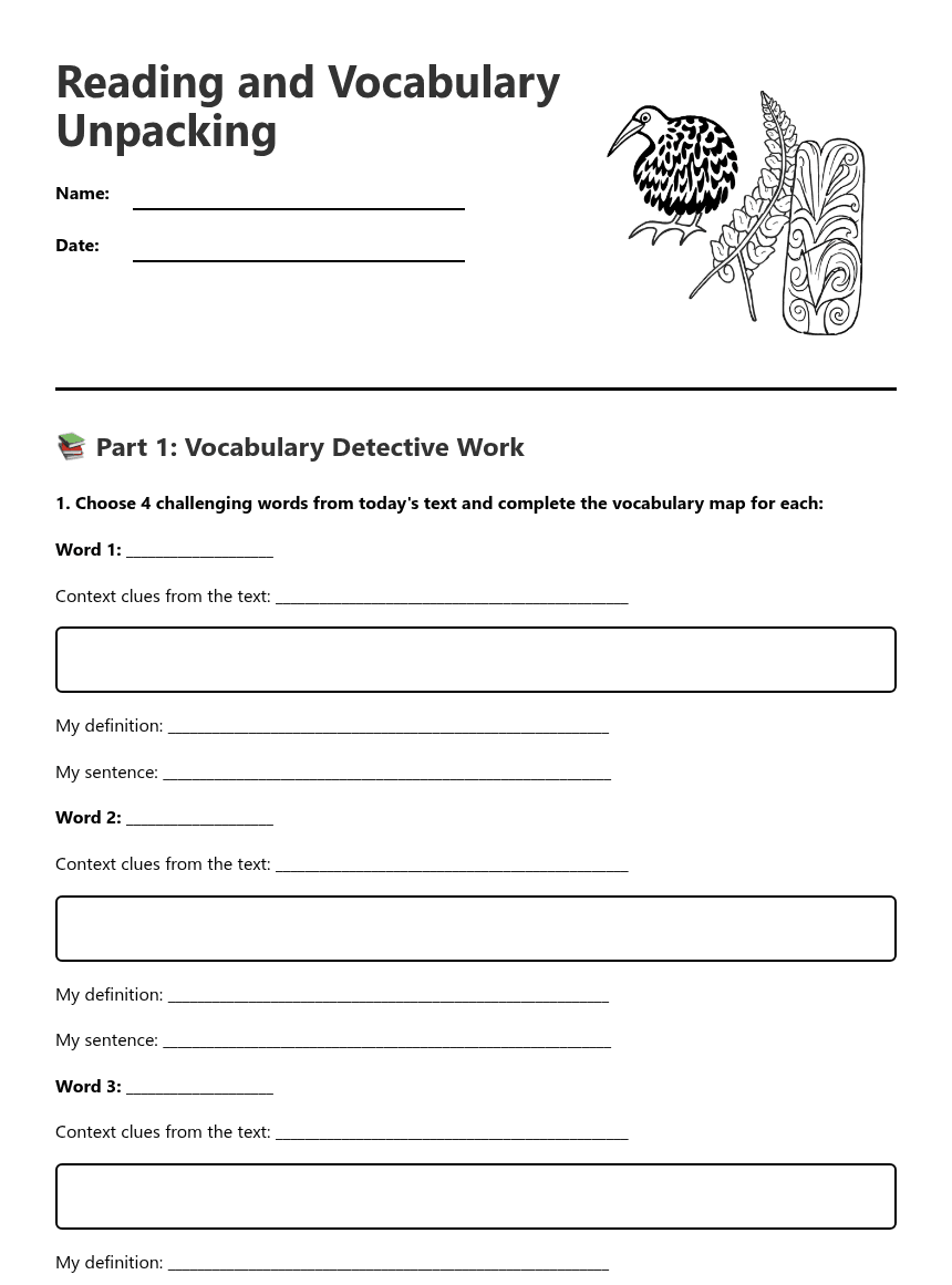 Reading and Vocabulary Unpacking worksheet preview