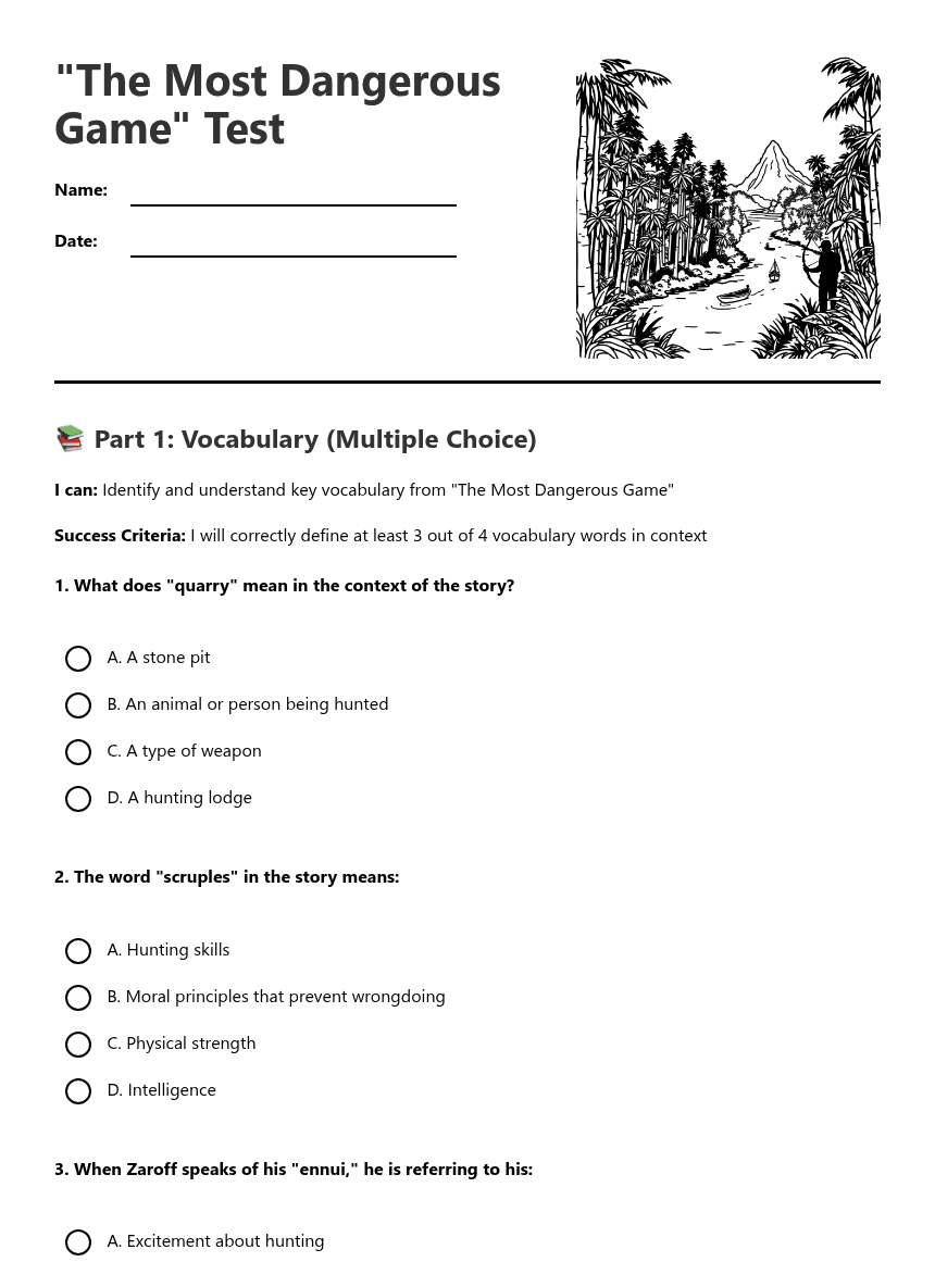 "Most Dangerous Game" Test worksheet preview