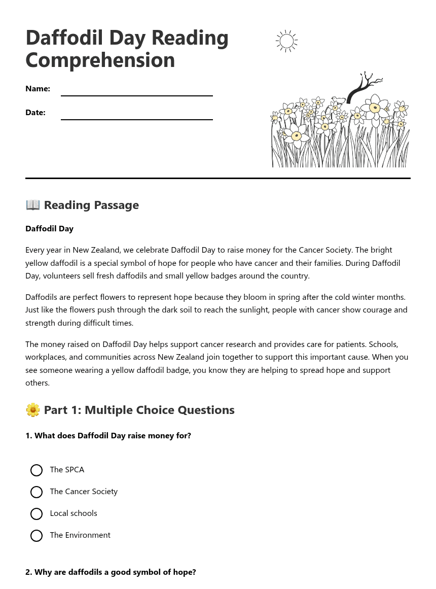 Daffodil Day Reading Comprehension worksheet preview