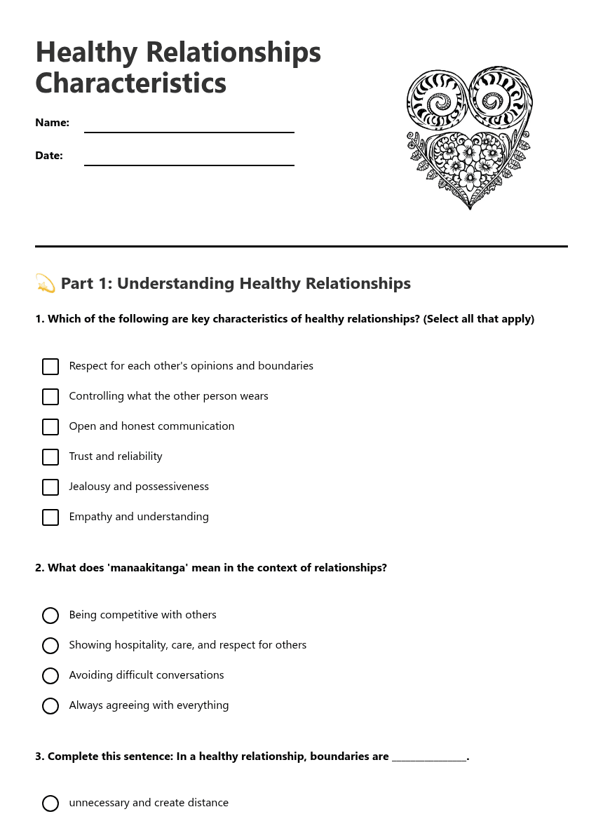 Healthy Relationships Characteristics worksheet preview