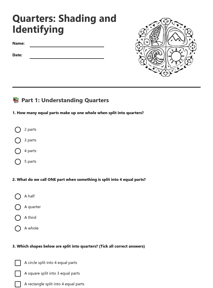 Quarters: Shading and Identifying worksheet preview