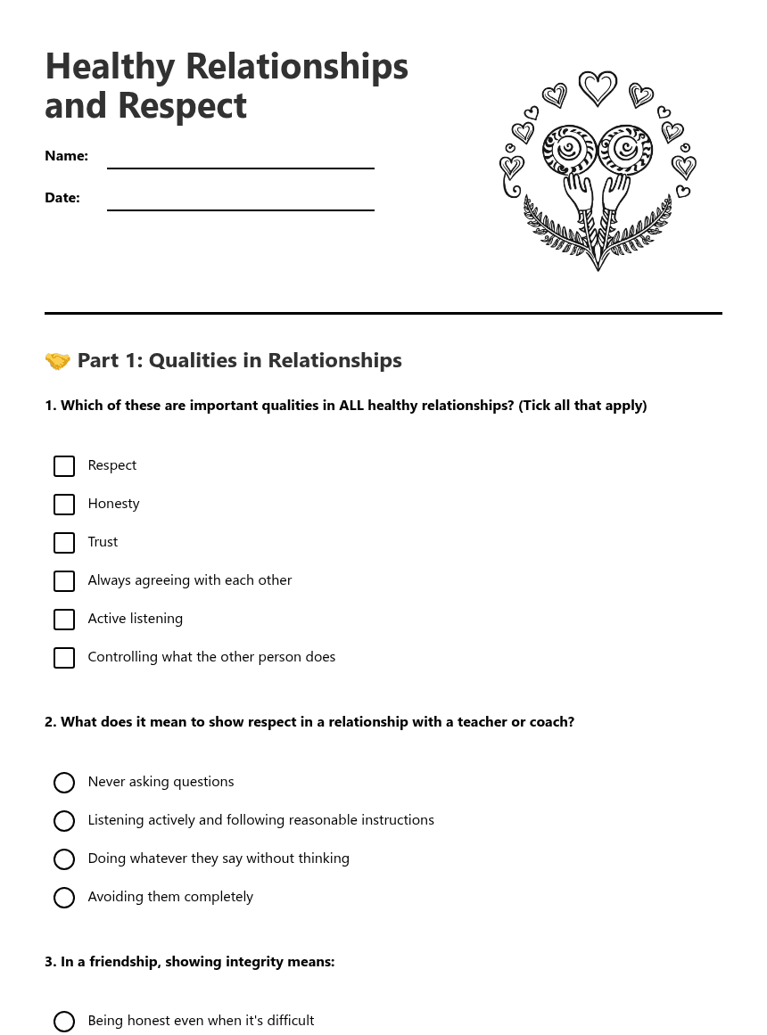 Healthy Relationships and Respect worksheet preview