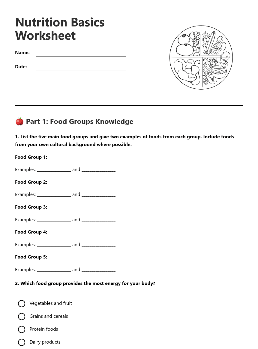 Nutrition Basics Worksheet worksheet preview