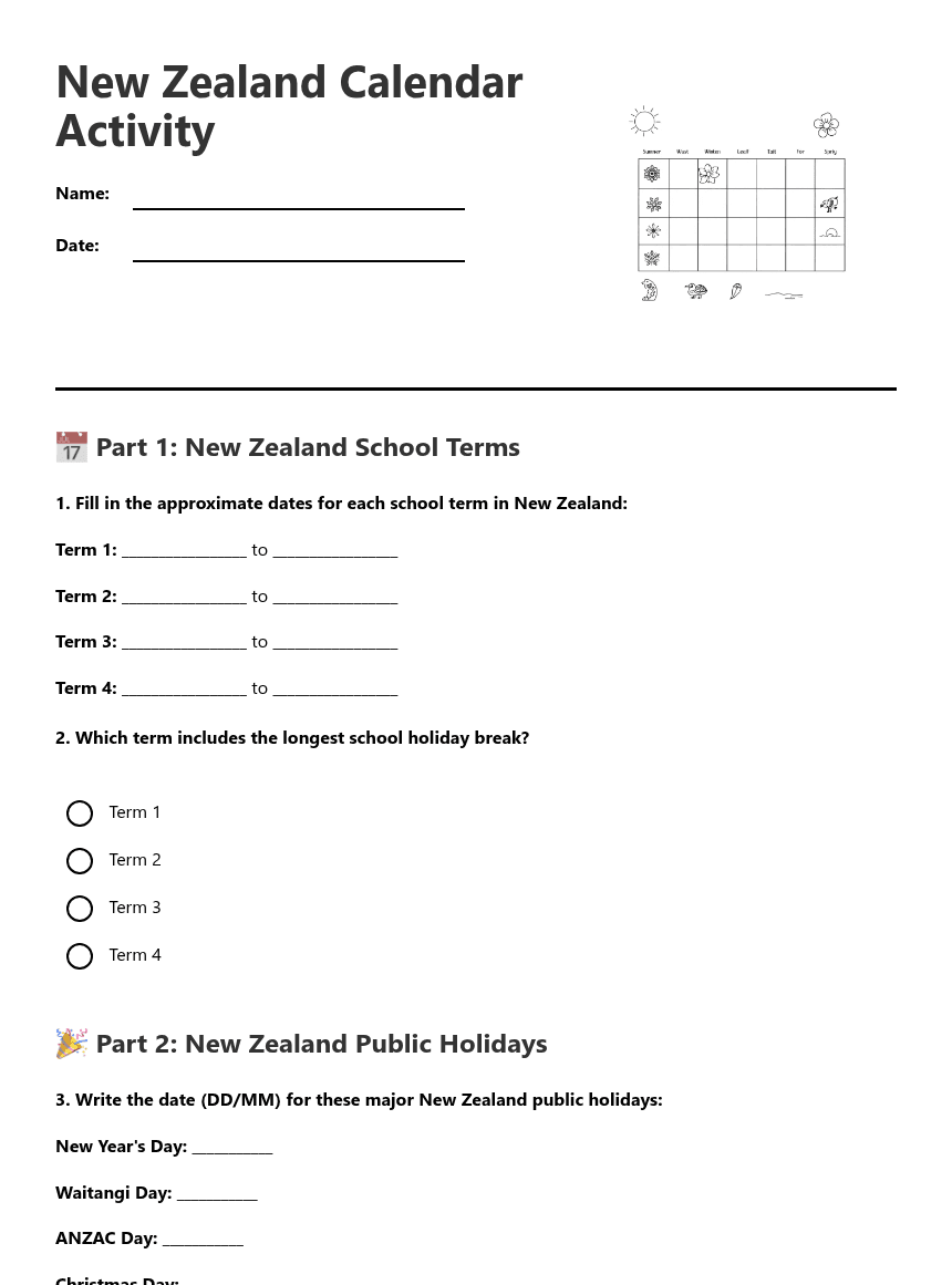 New Zealand Calendar Activity worksheet preview