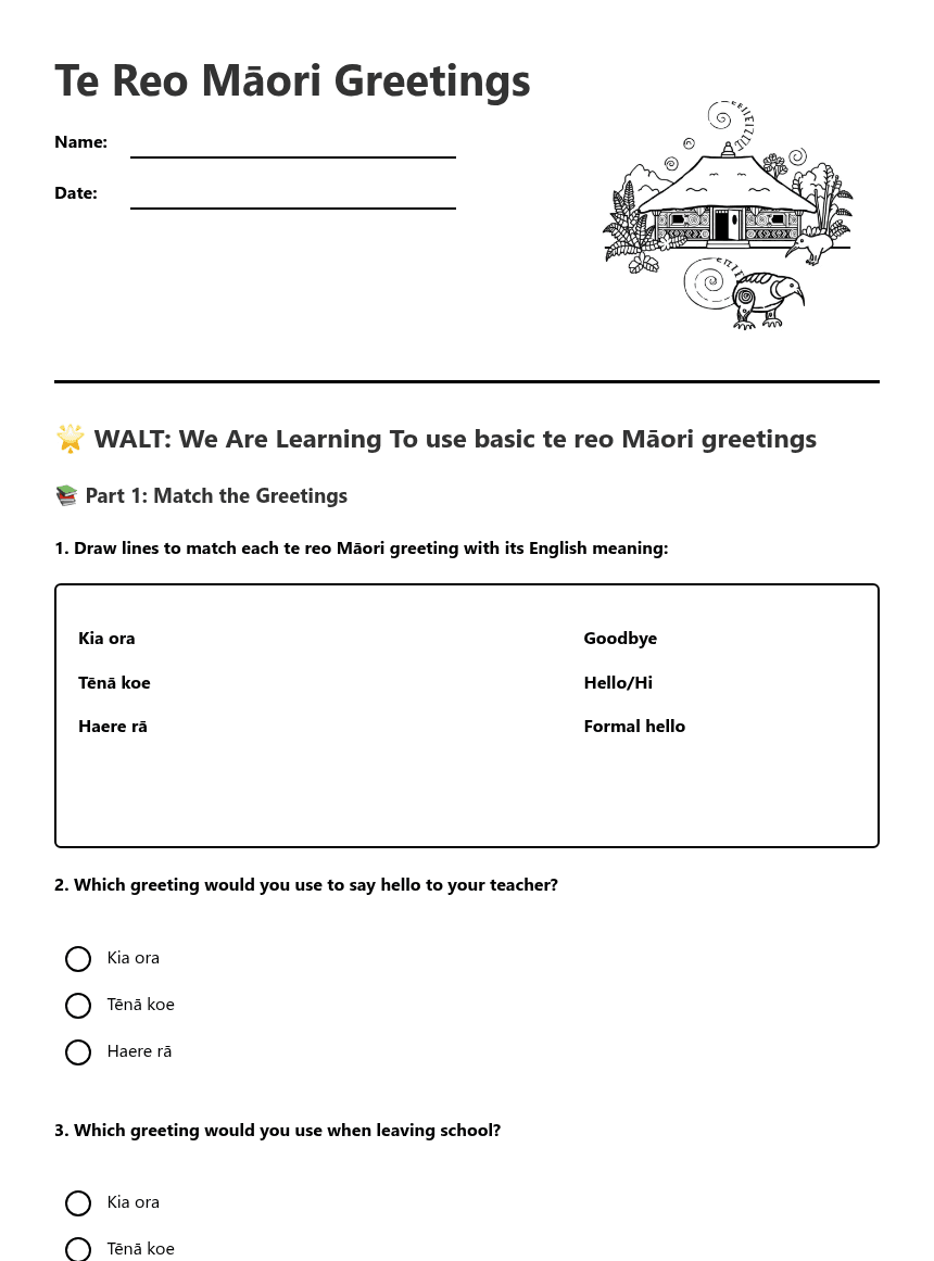 Te Reo Māori Greetings worksheet preview