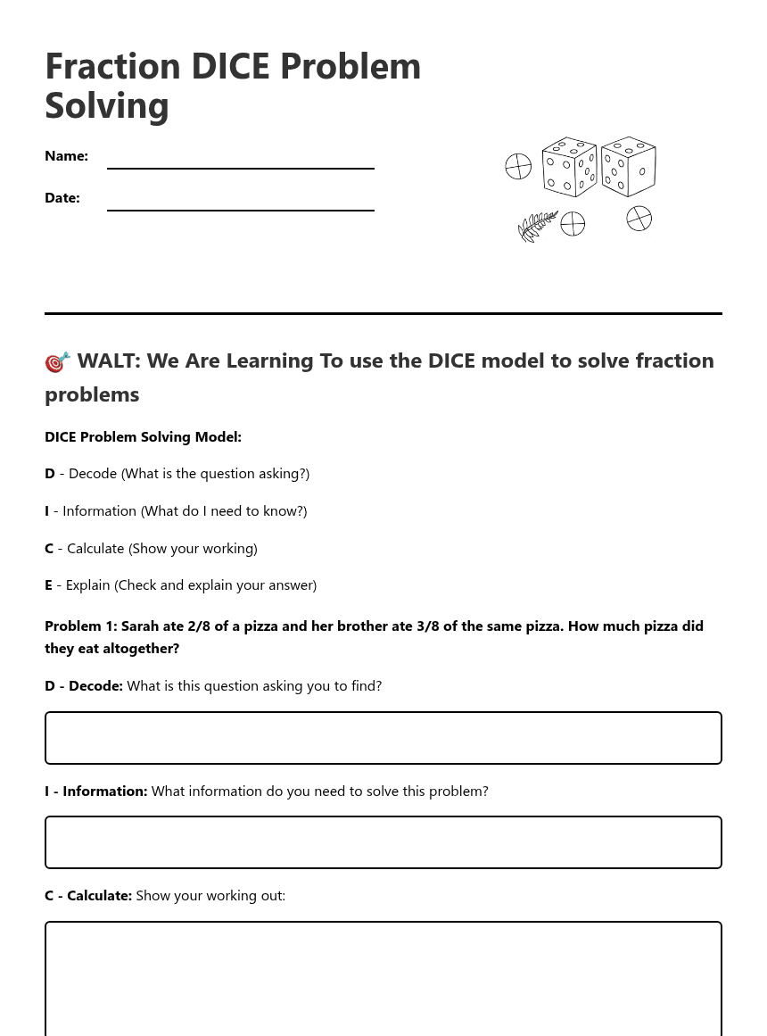 Fraction DICE Problem Solving worksheet preview