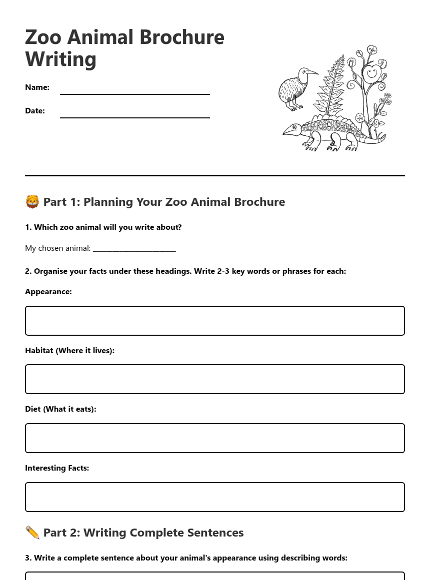 Zoo Animal Brochure Writing worksheet preview