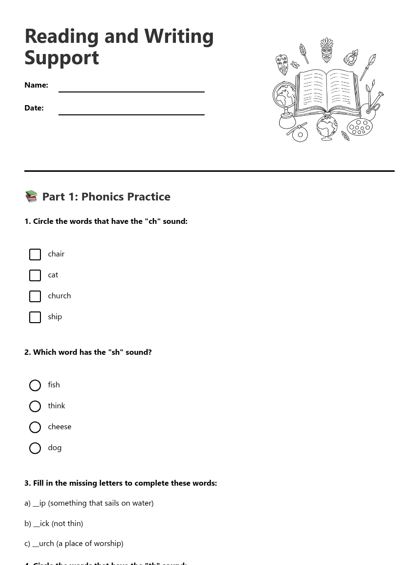 Reading and Writing Support worksheet preview