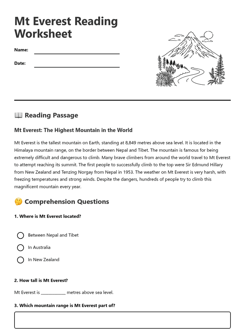 Mt Everest Reading Worksheet