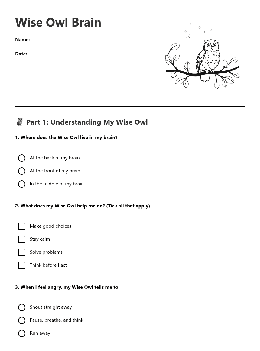 Wise Owl Brain worksheet preview