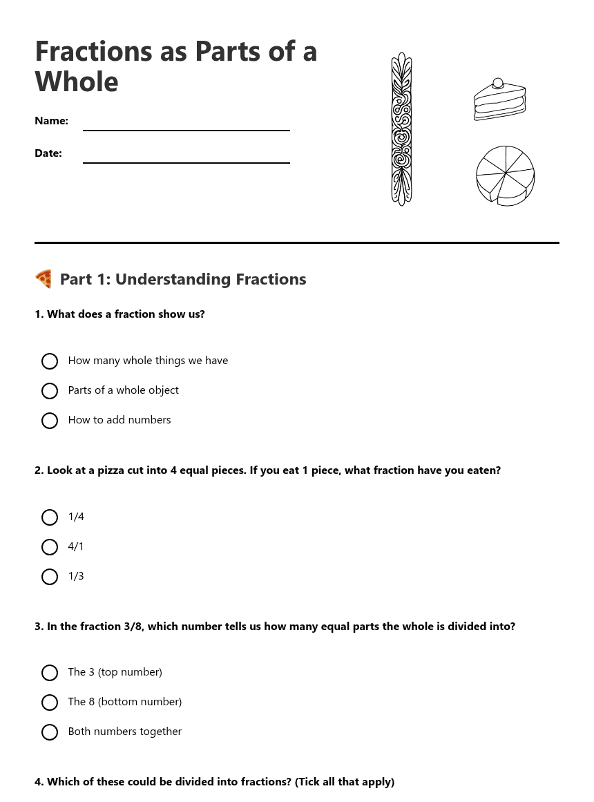 Fractions as Parts Whole worksheet preview
