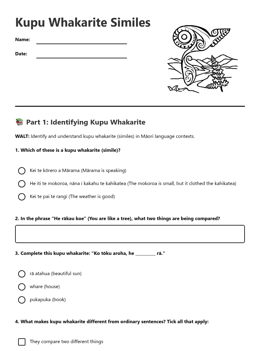 Kupu Whakarite Similes worksheet preview