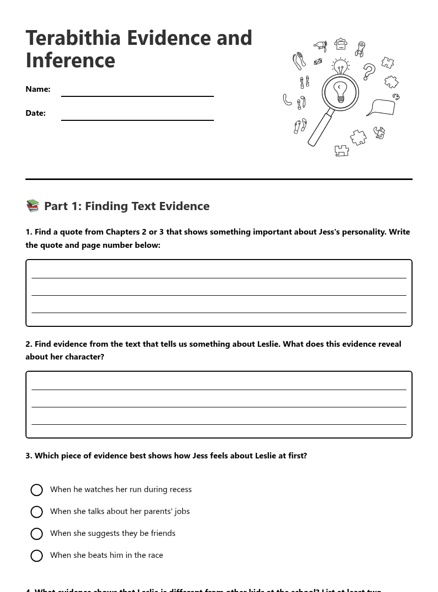 Terabithia Evidence and Inference worksheet preview