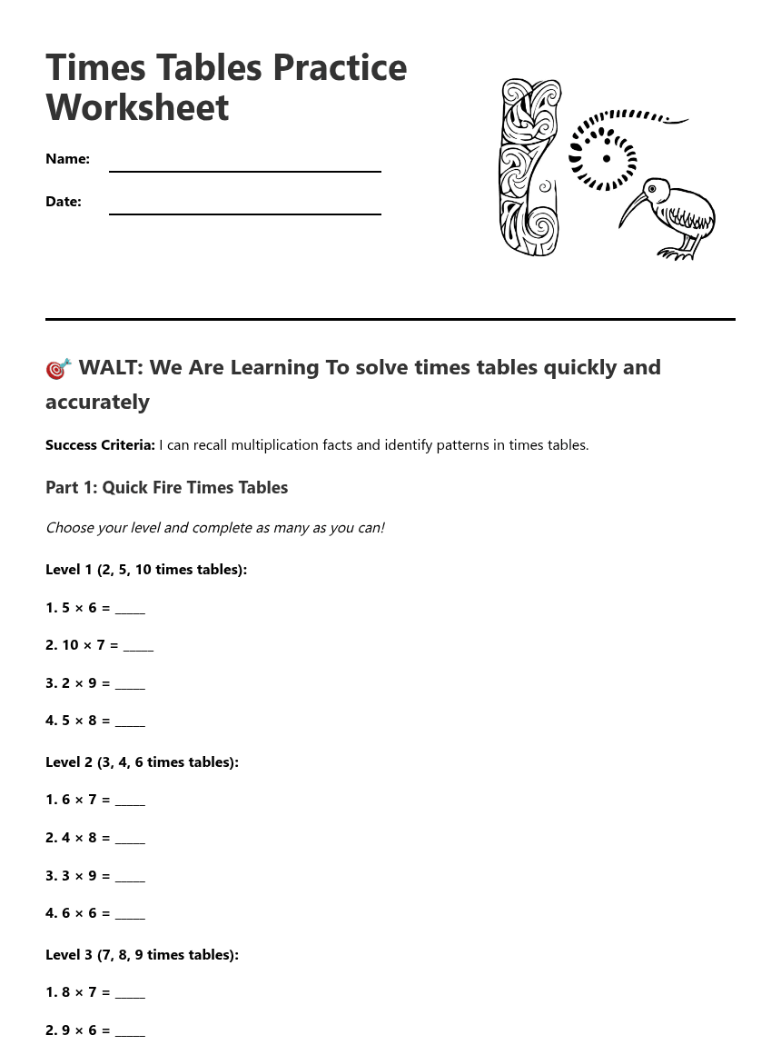 Times Tables Practice Worksheet worksheet preview
