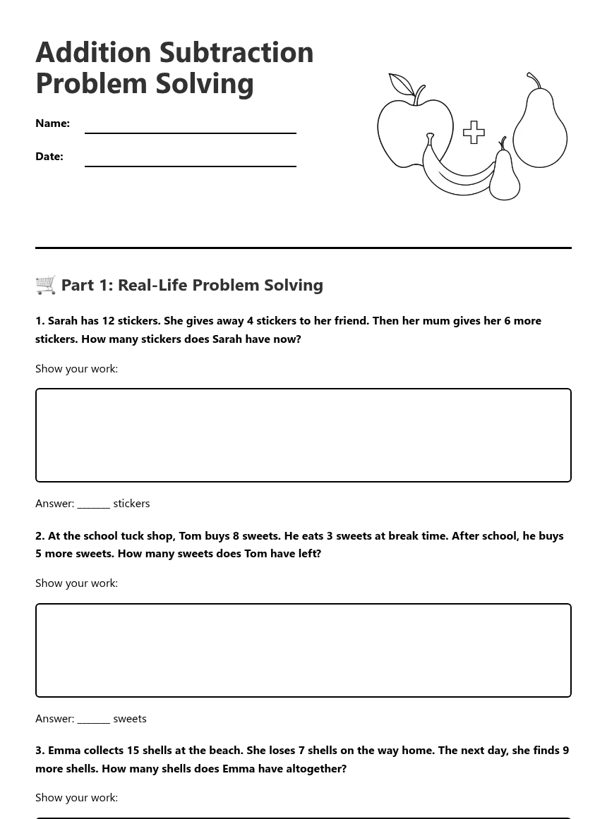 Addition Subtraction Problem Solving worksheet preview