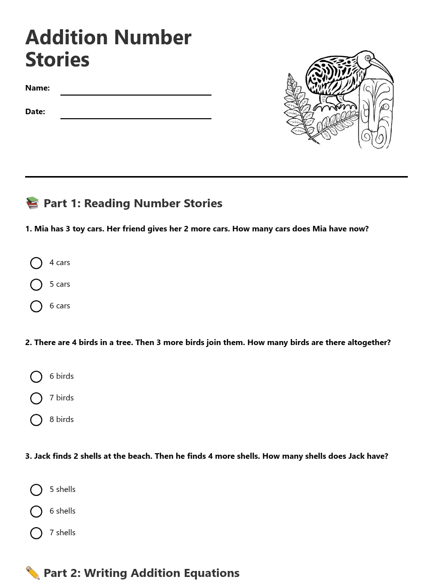 Addition Number Stories worksheet preview