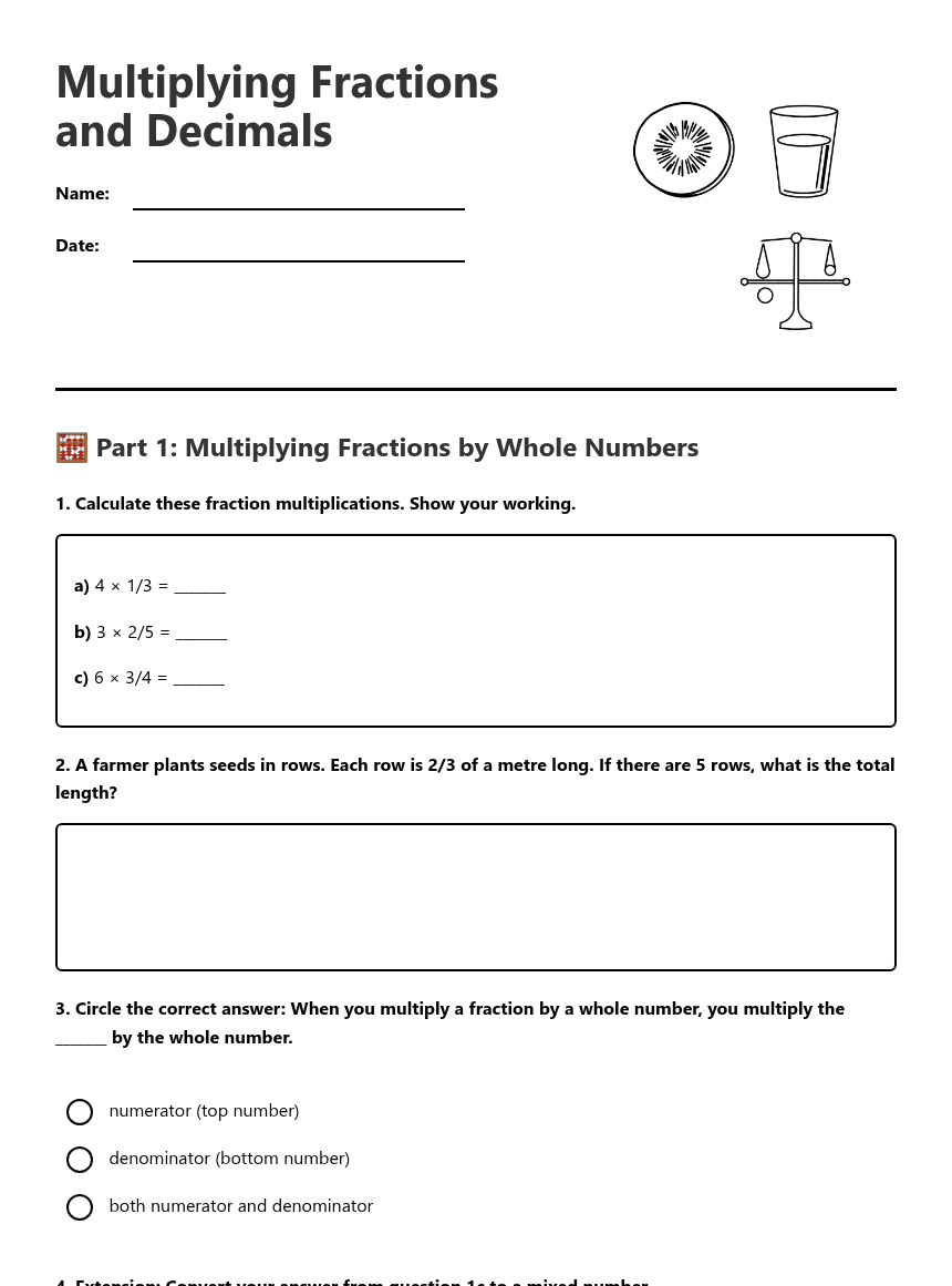 Multiplying Fractions and Decimals worksheet preview