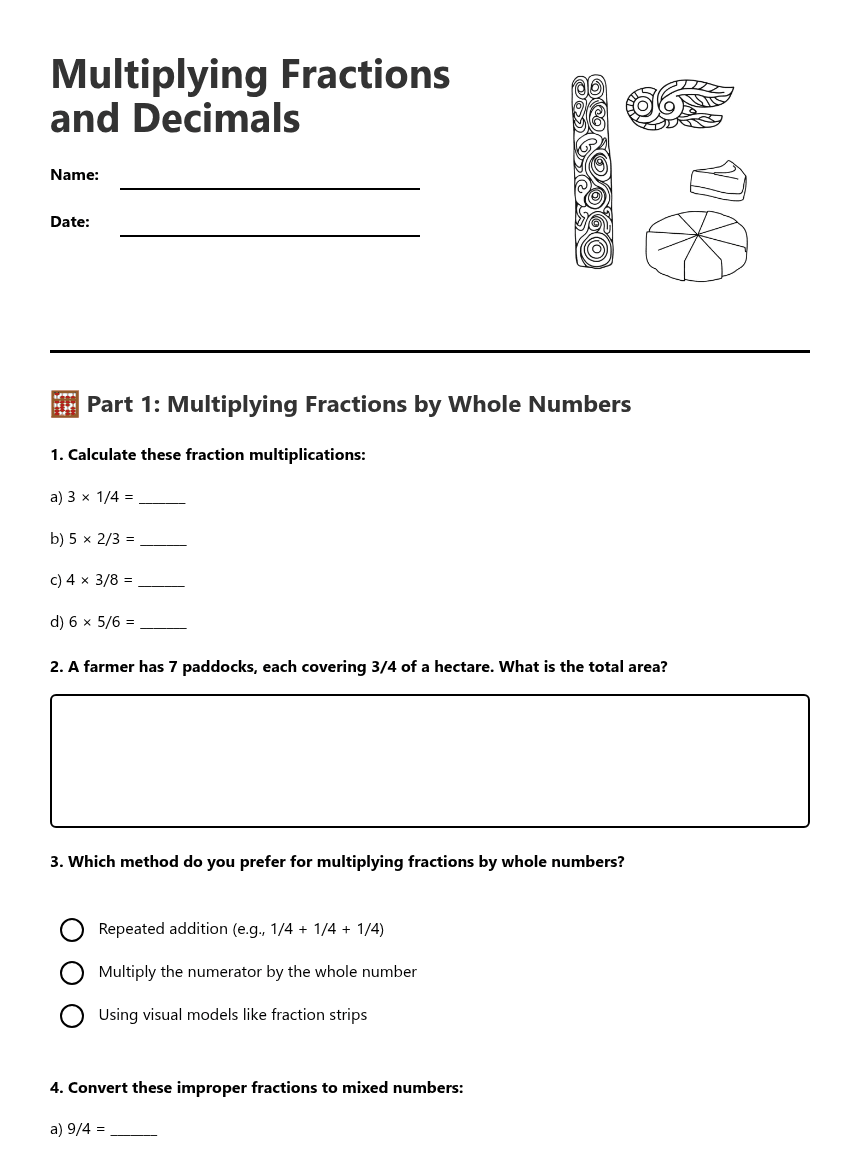 Multiplying Fractions and Decimals worksheet preview