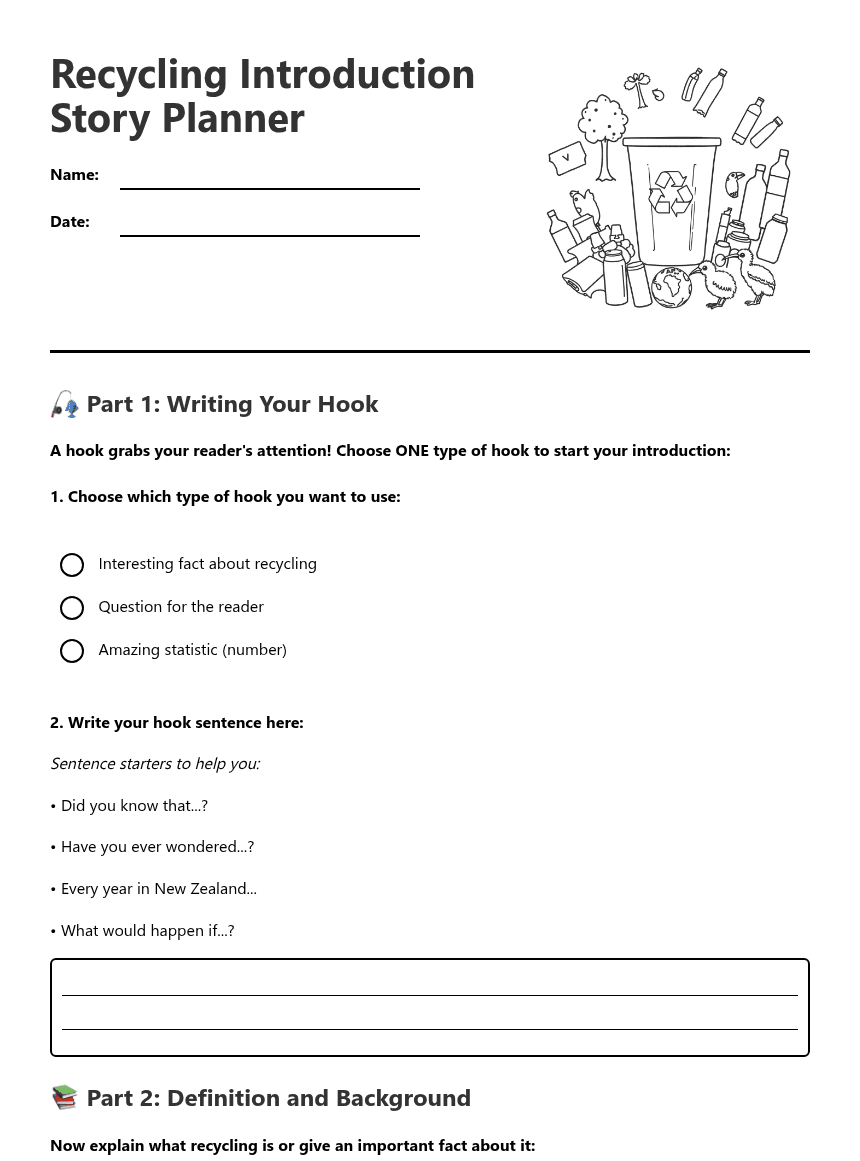Recycling Introduction Story Planner worksheet preview