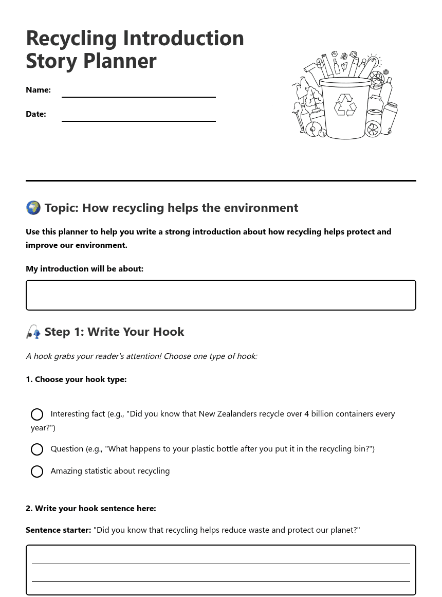 Recycling Introduction Story Planner worksheet preview
