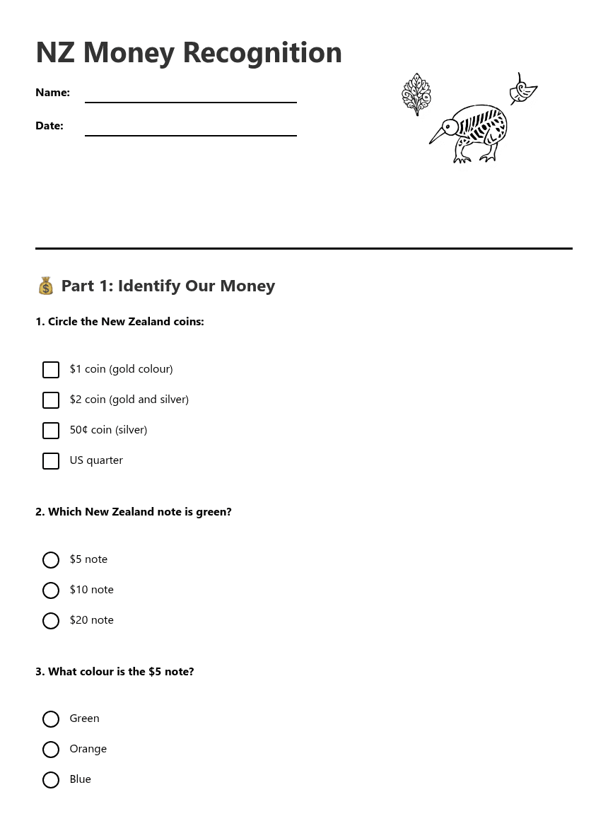 NZ Money Recognition worksheet preview
