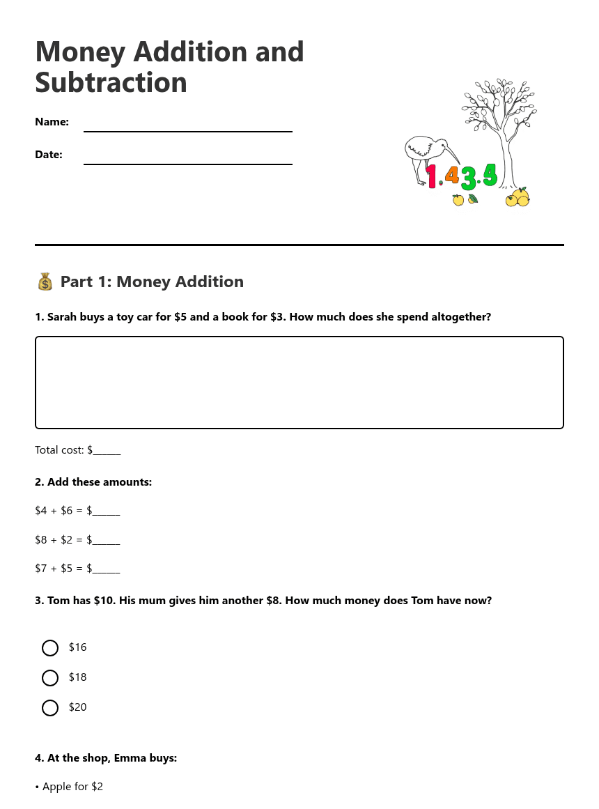 Money Addition and Subtraction worksheet preview