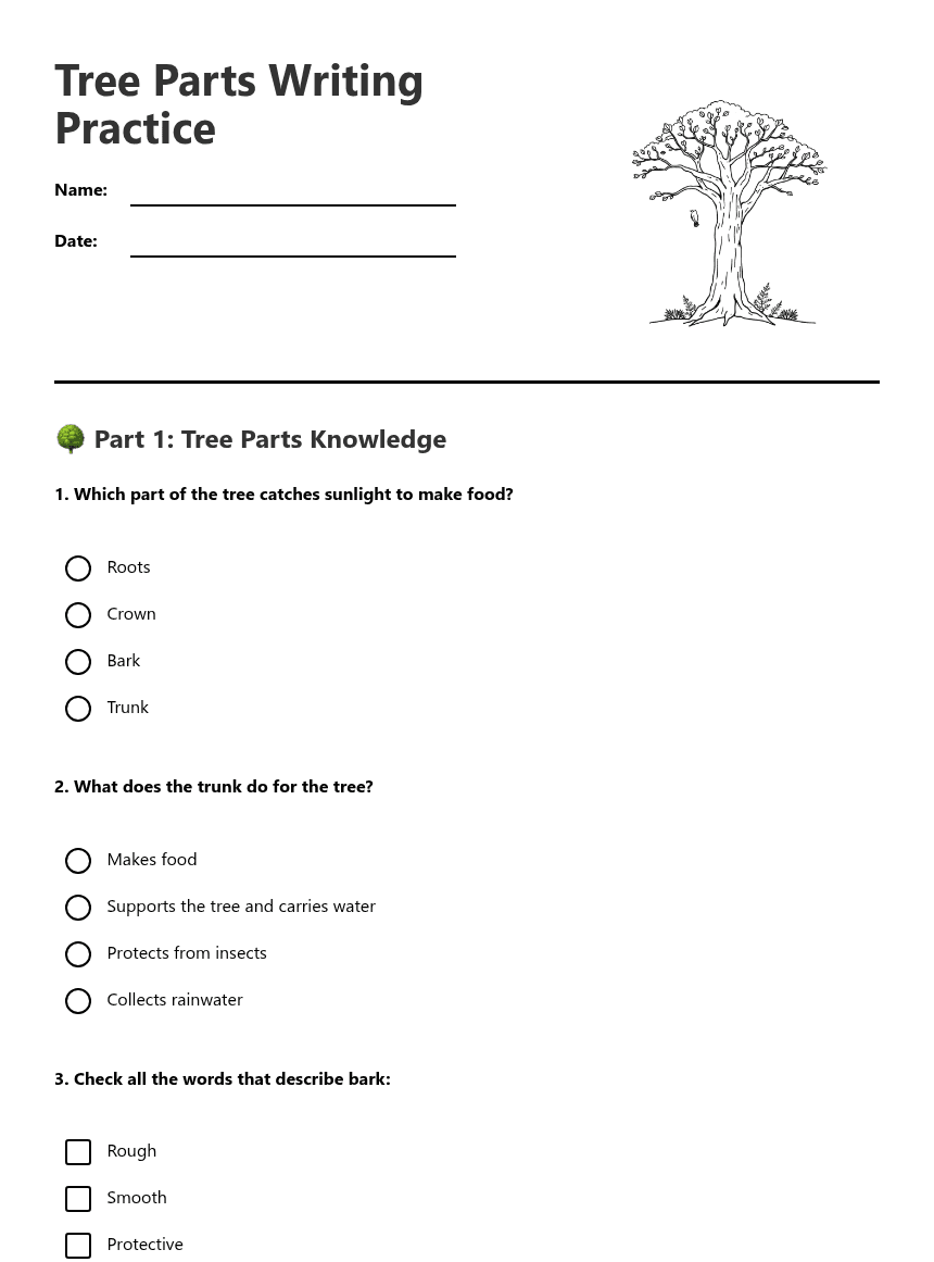 Tree Parts Writing Practice worksheet preview