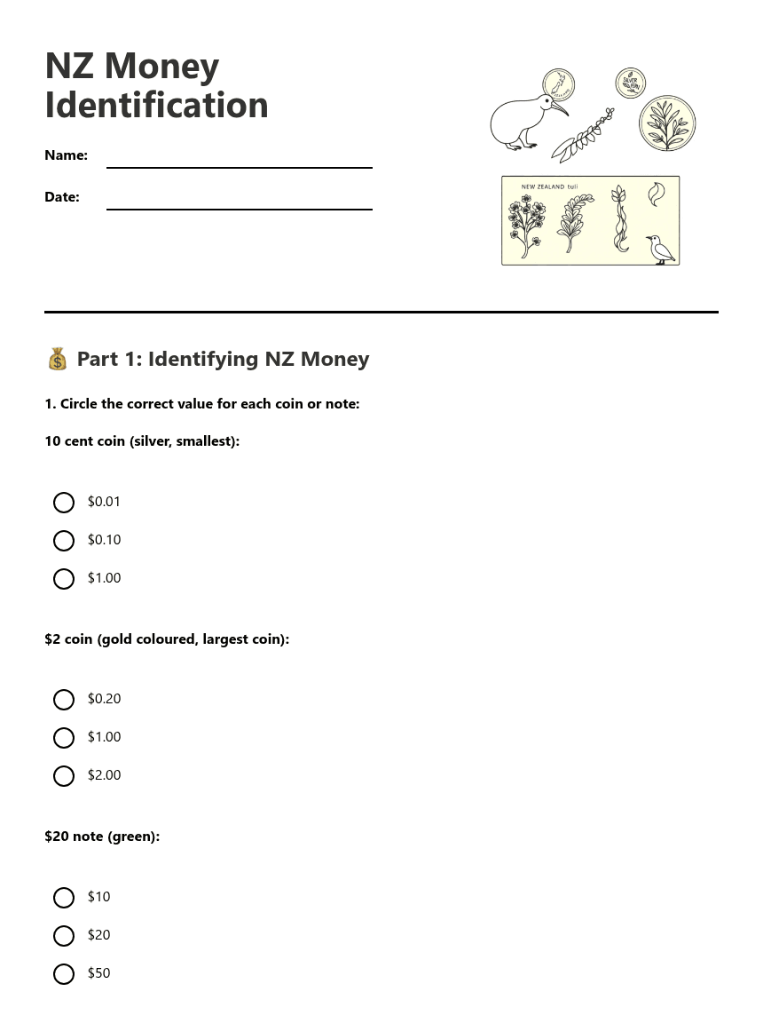 NZ Money Identification worksheet preview