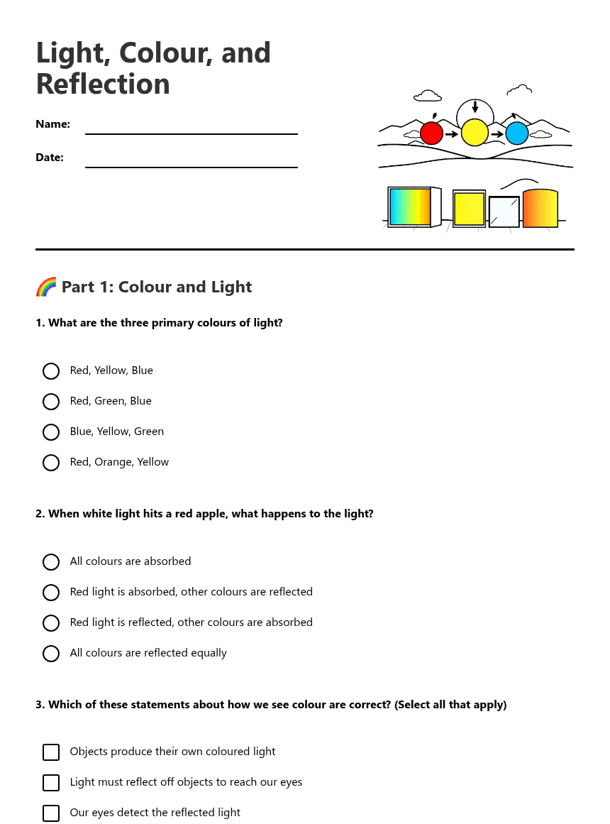 Light, Color, and Reflection worksheet preview