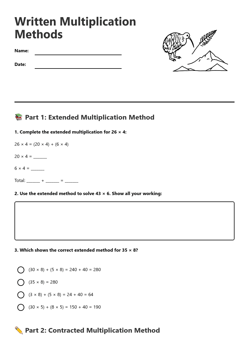 Written Multiplication Methods worksheet preview