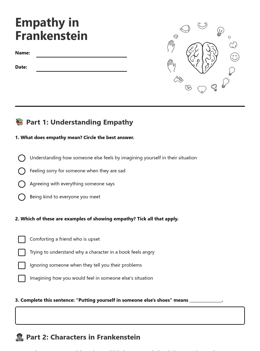 Empathy in Frankenstein worksheet preview