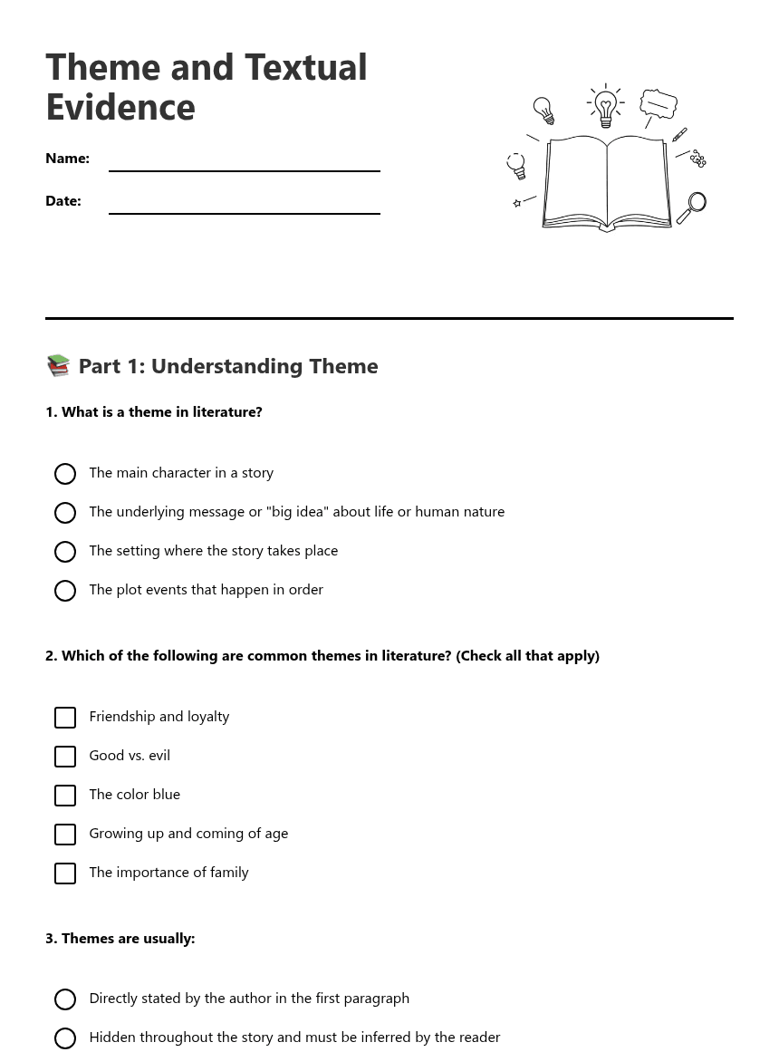 Theme and Textual Evidence worksheet preview