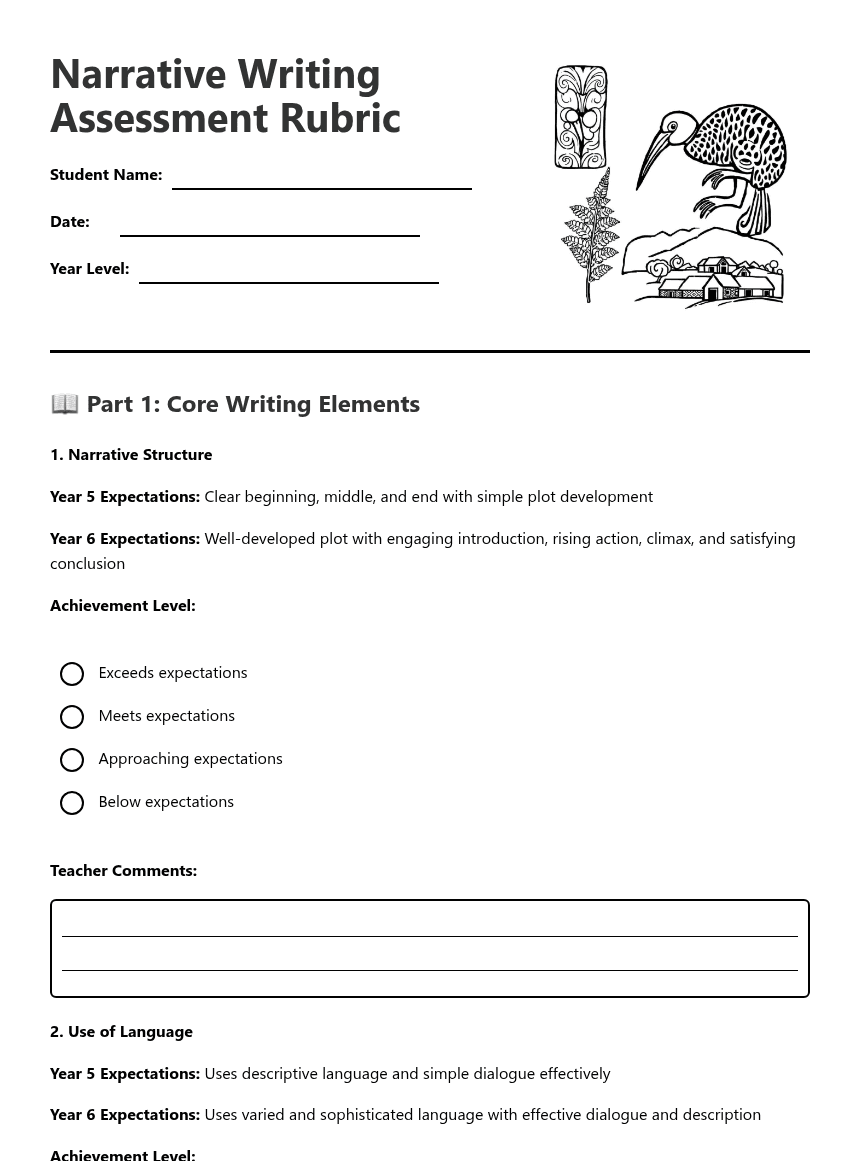 Narrative Writing Assessment Rubric worksheet preview