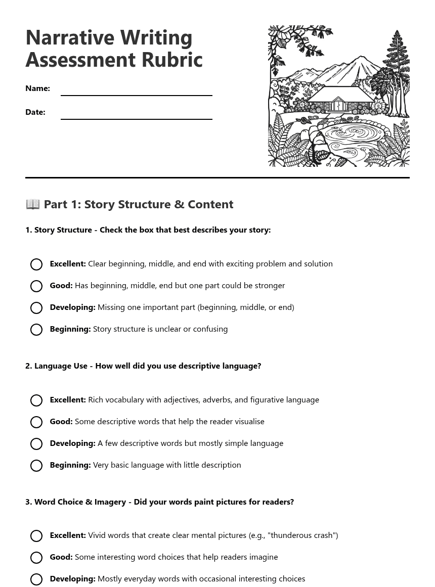 Narrative Writing Assessment Rubric worksheet preview