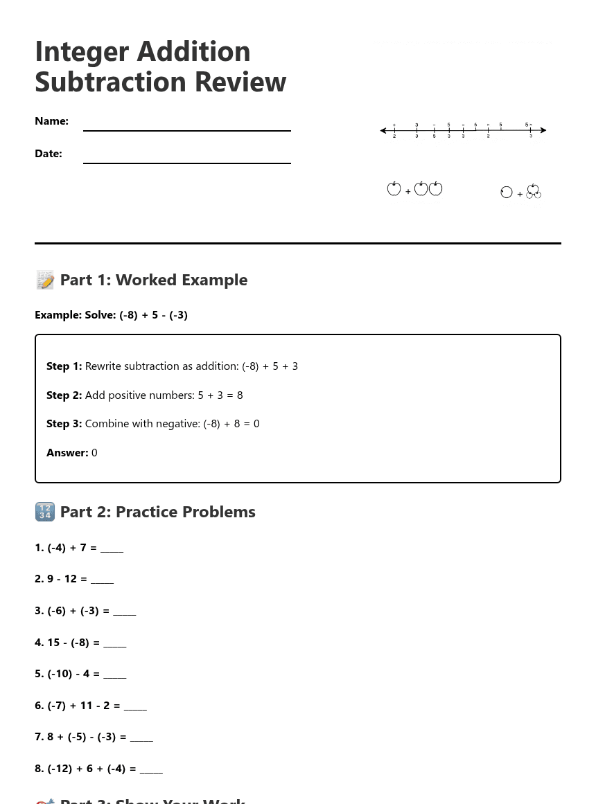 Integer Addition Subtraction Review worksheet preview