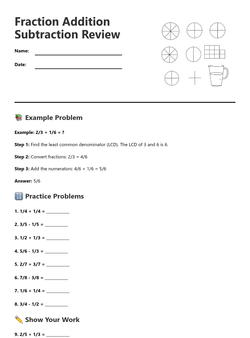 Fraction Addition Subtraction Review worksheet preview