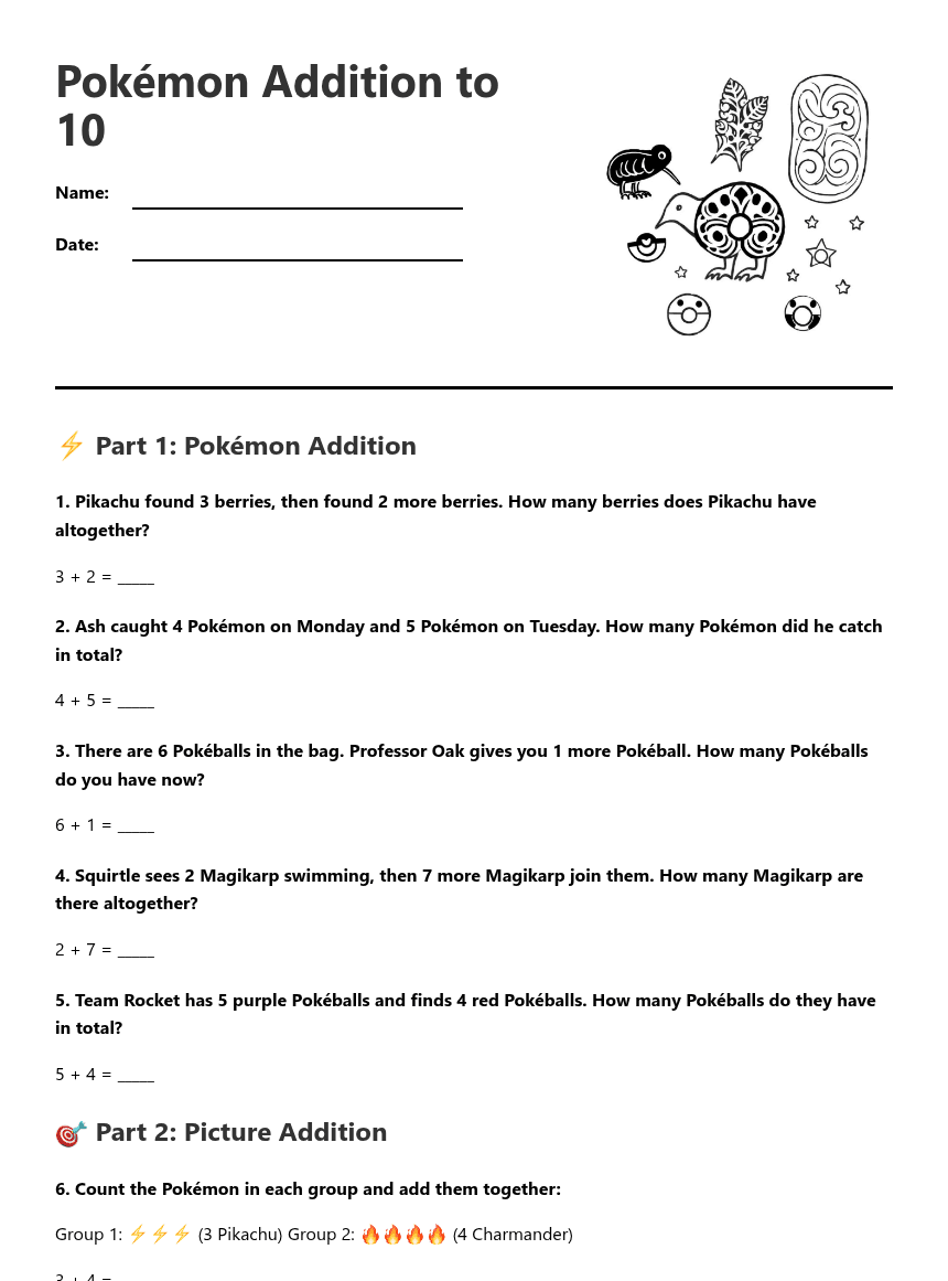 Pokémon Addition to 10 worksheet preview