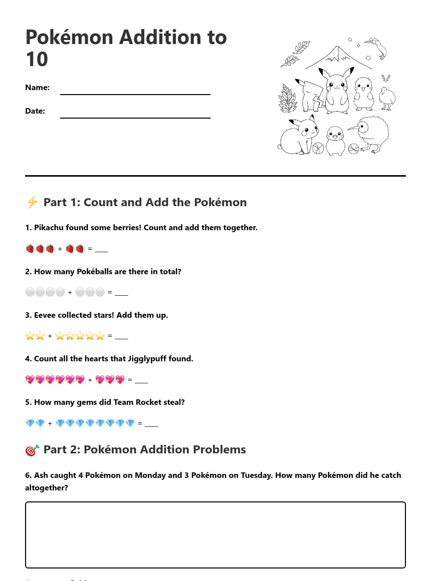 Pokémon Addition to 10 worksheet preview