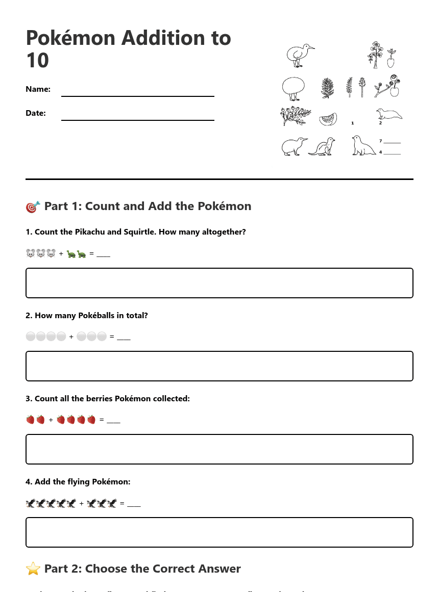 Pokémon Addition to 10 worksheet preview