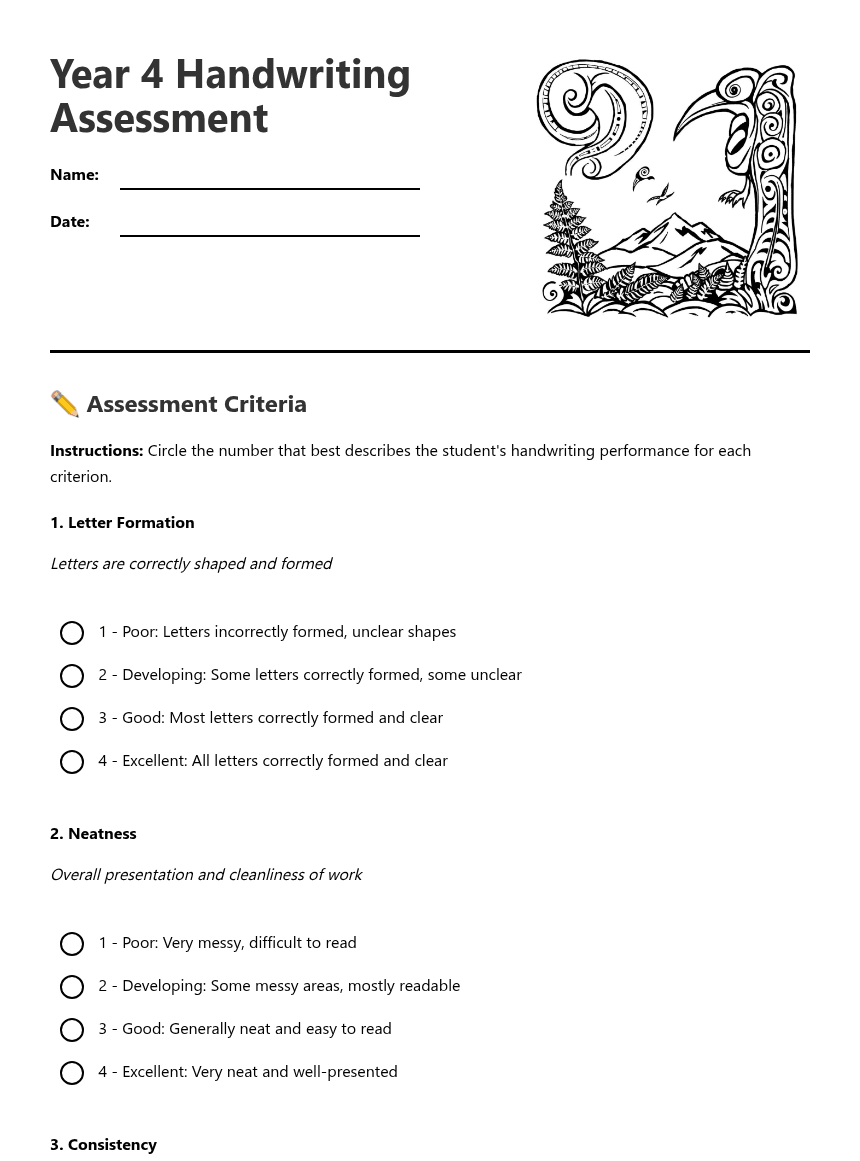 Year 4 Handwriting Assessment worksheet preview