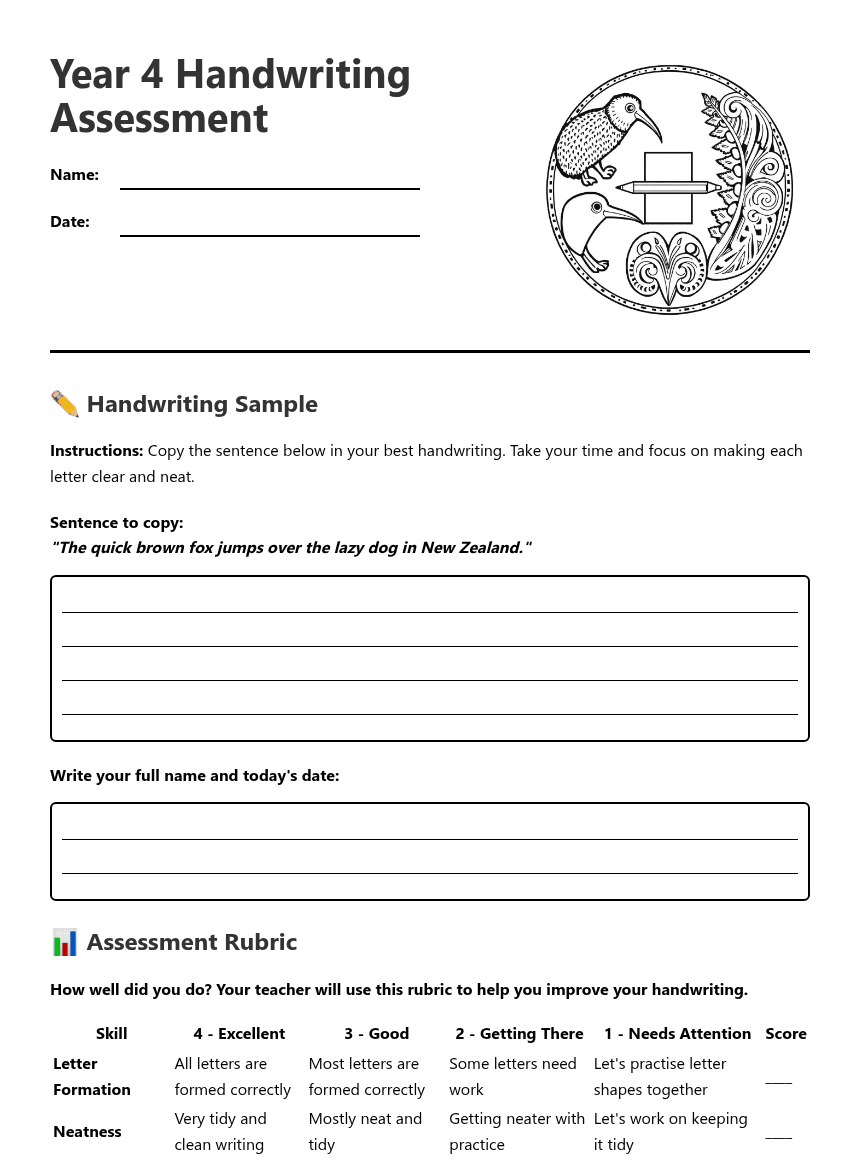 Year 4 Handwriting Assessment worksheet preview