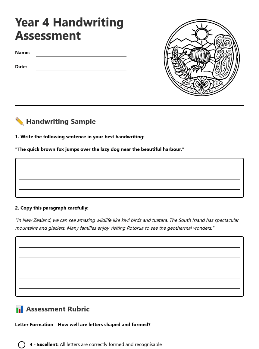 Year 4 Handwriting Assessment worksheet preview