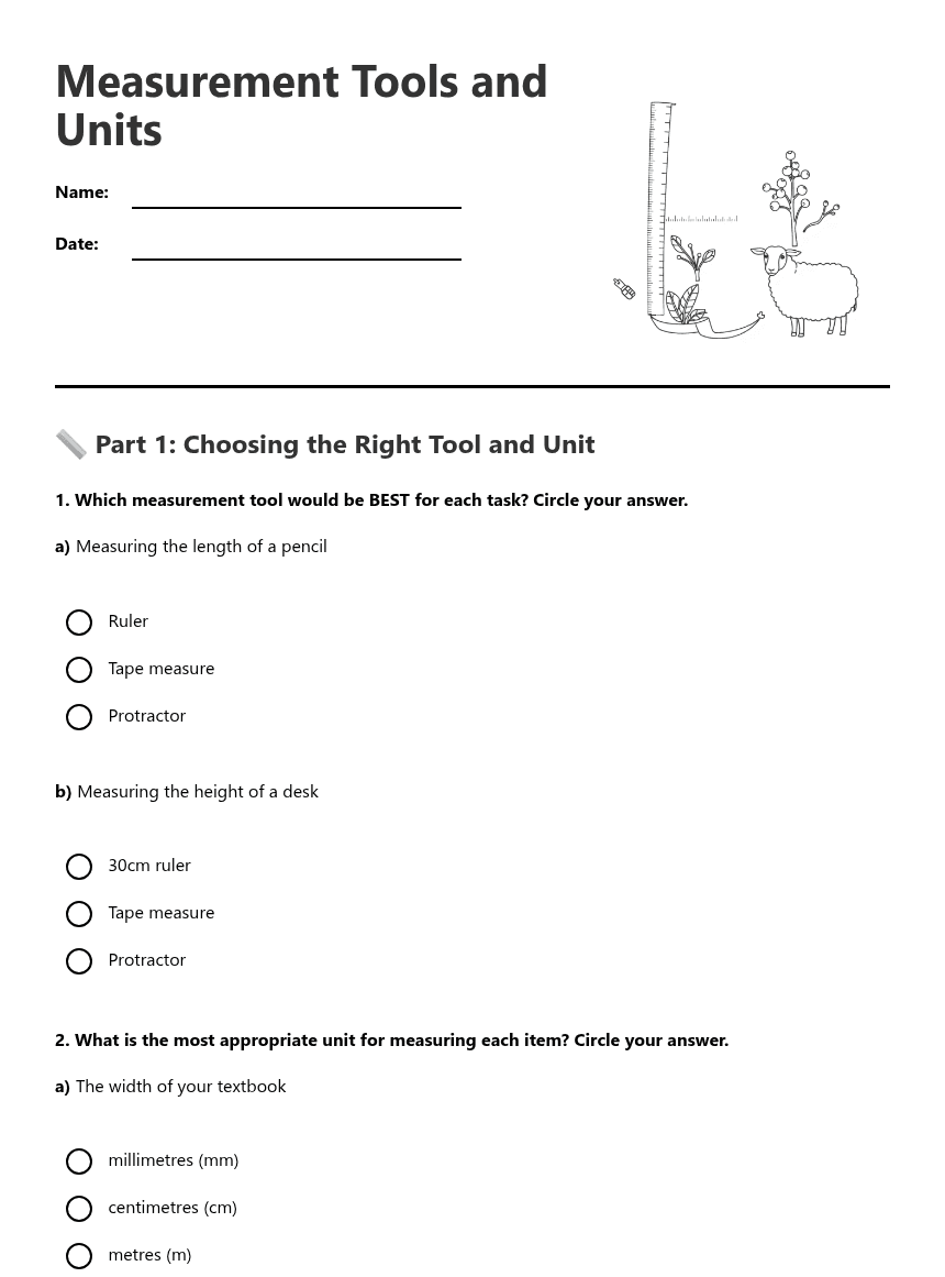 Measurement Tools and Units worksheet preview