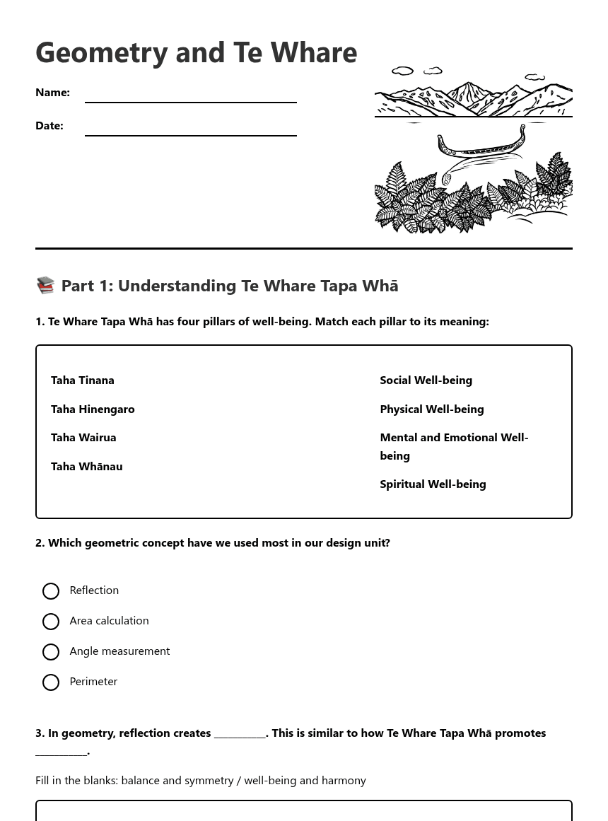 Geometry and Te Whare worksheet preview