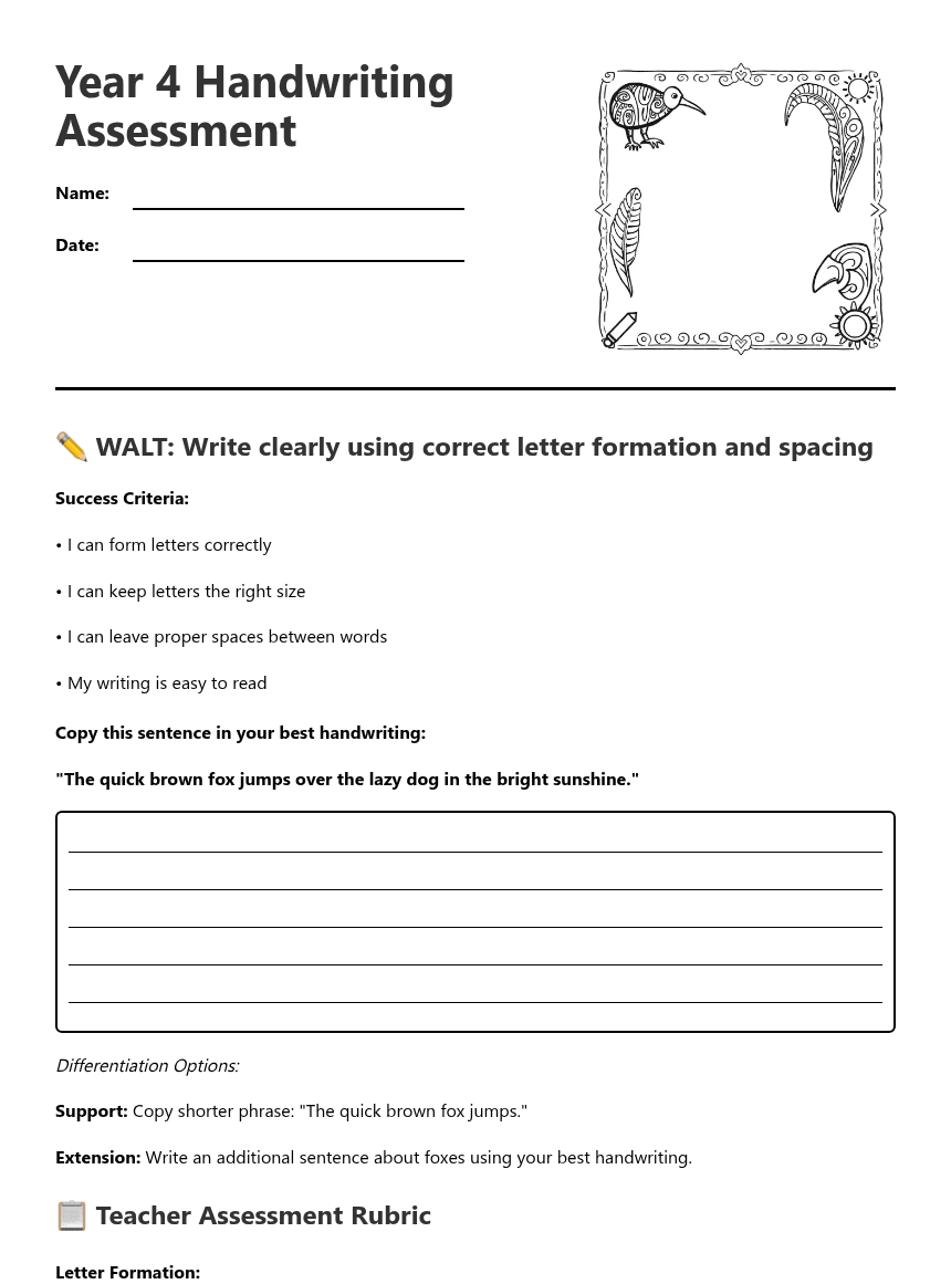 Year 4 Handwriting Assessment worksheet preview